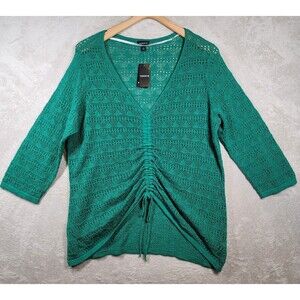 Torrid Top Sweater Plus Sz 2X Green Cotton Blend Crochet 3/4 Sleeves Cute